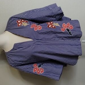 Zara Woman Chambray Embroidered Floral Striped Elbow Length Top Size Large
